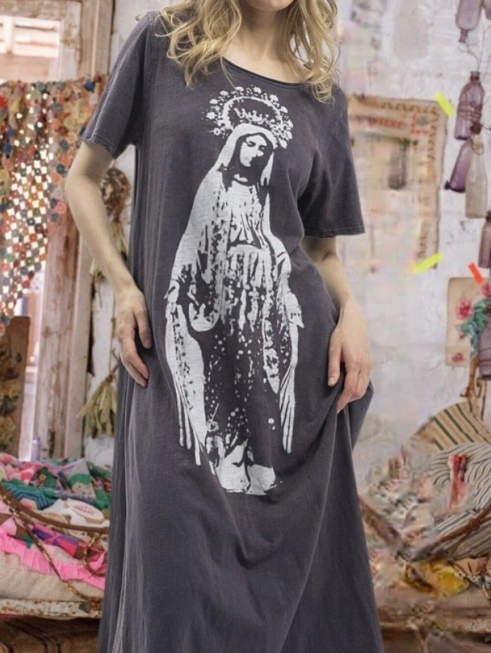 Magnolia Style boho peasant Distressed Long Maxi Bohemia Hippie Cotton Dress M